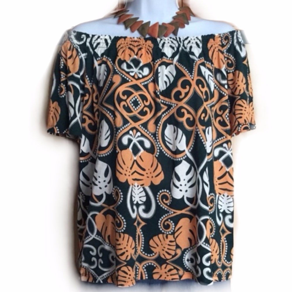 Green & Orange Tropical Print On/Off Shoulder Top